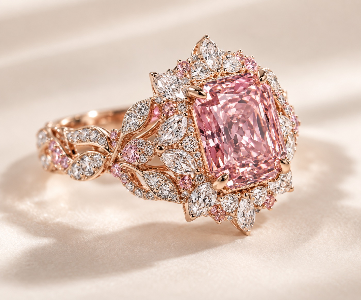 Rose gold ring with a pink center stone and marquise diamond halo