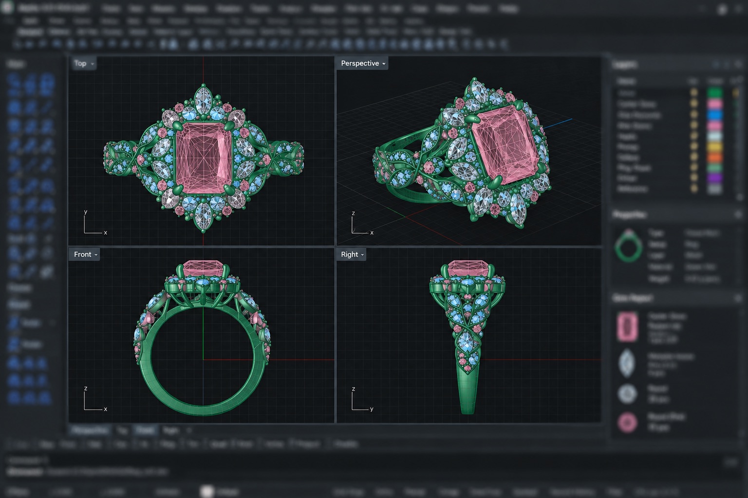 The same ring as a CAD model in top, perspective, front and side views