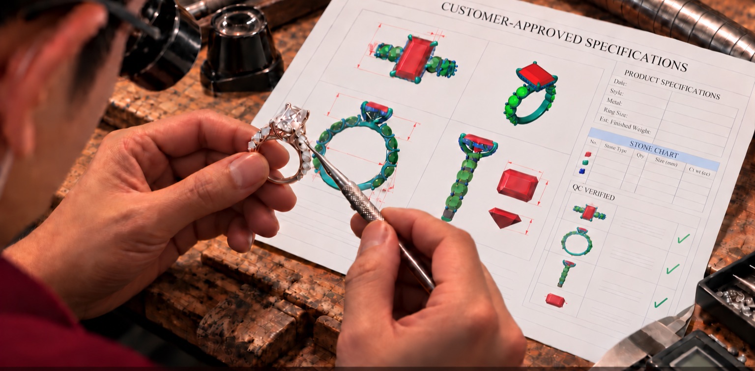 Craftsman verifying a finished ring against the customer-approved CAD specifications